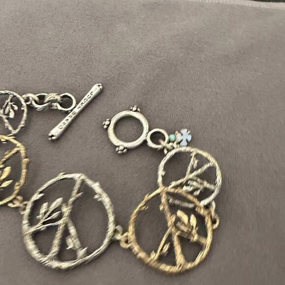 Lucky Brand Peace Symbol Bracelet Toggle Clasp 8" Mixed Metal Twigs & Leaves - Picture 3 of 10
